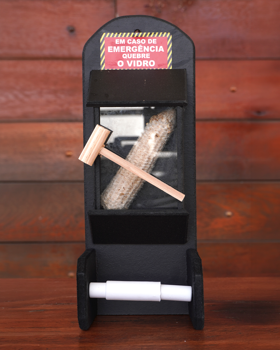 agrupar 5 Porta-papel higiênico de madeira com visor e mensagem bem-humorada